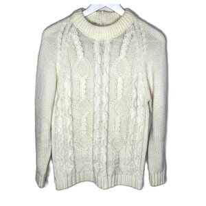 Vintage 70s Women's Cream Mock-Neck Cable-Knit Sweater, Rear Zip, Size Medium